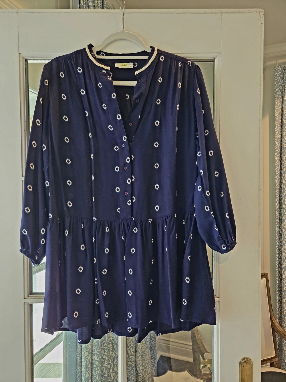 Solito Navy Printed Peasant Tunic with Contrast Trim